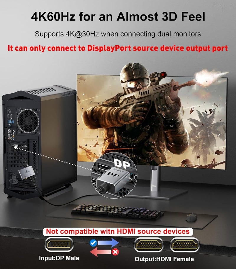 THANDBLE DisplayPort to Dual HDMI Adapter (4K@60Hz) DP to HDMI Splitter for Dual Monitors Extended Display MST Display Port 1 in 2 Out Hub for PC, Graphics Card - Image 3